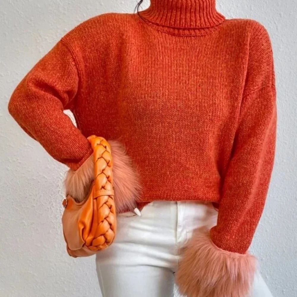orange faux fur Cuff TurtleNeck Knit Sweater Top - Picture 3 of 6